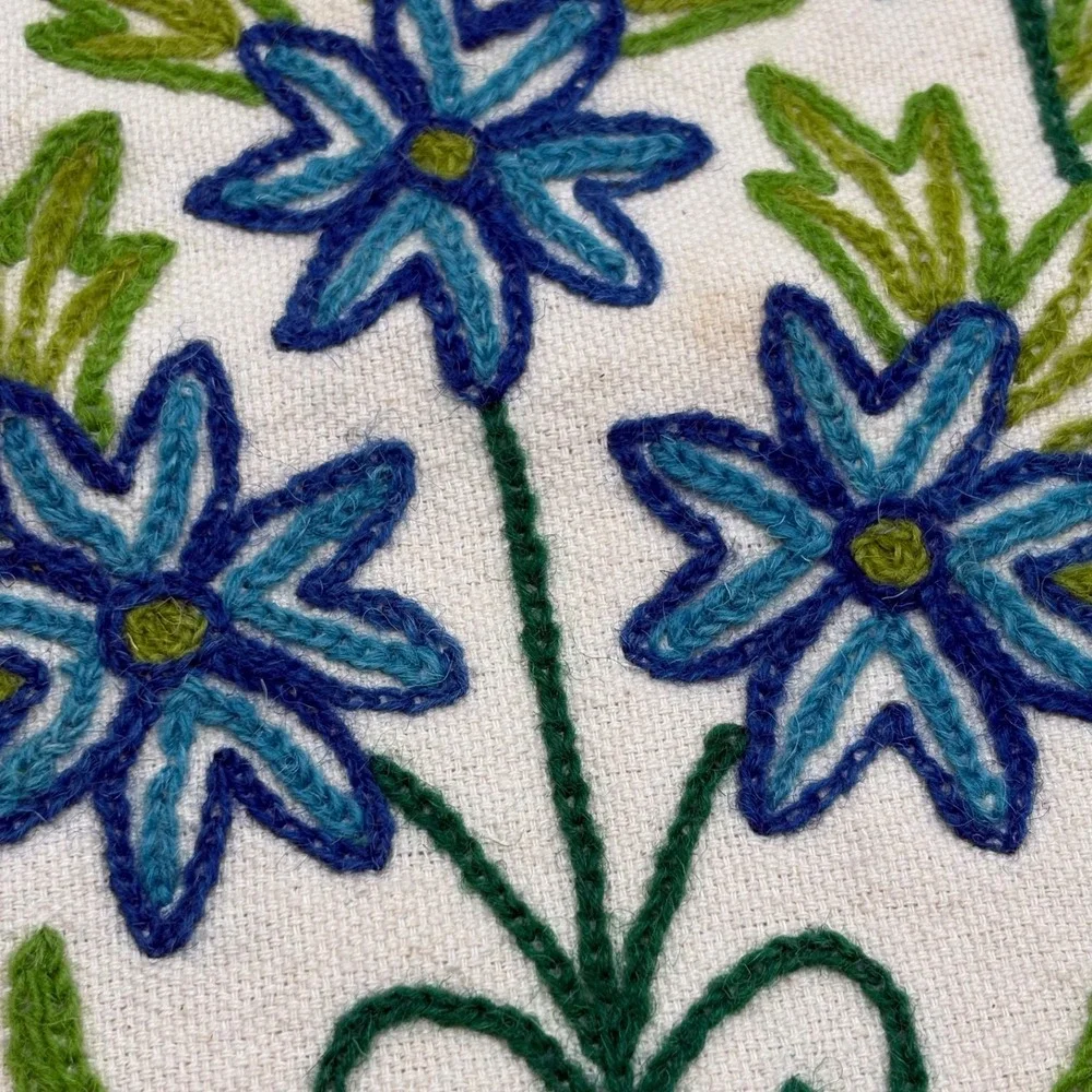 Vintage Boho Embroidered Floral Artisan Tote Bag Round Woven Handle Canvas Purse